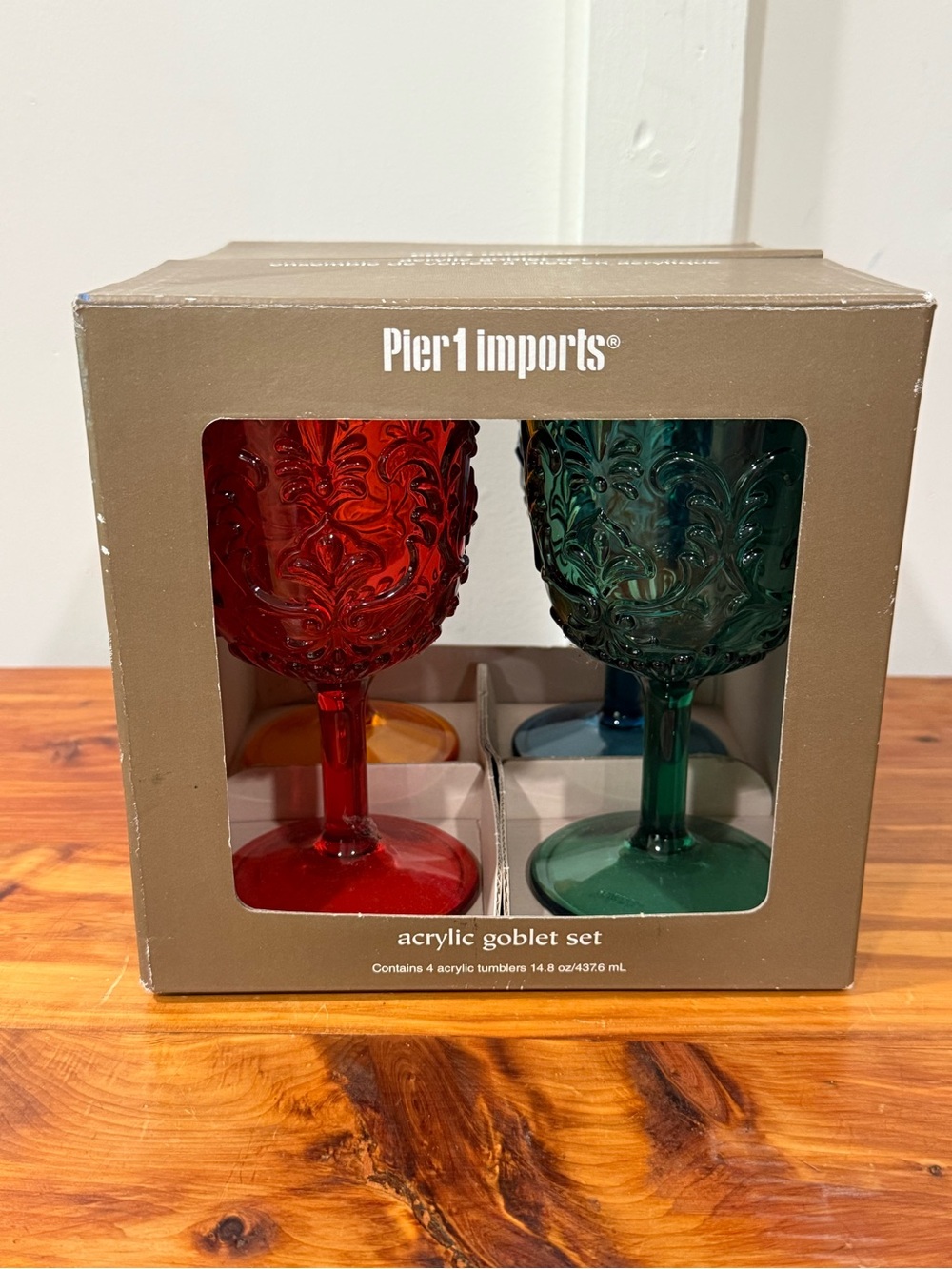 NWT Pier 1 Imports Acrylic Goblet Tumbler Set of 4 Red Green Blue Orange